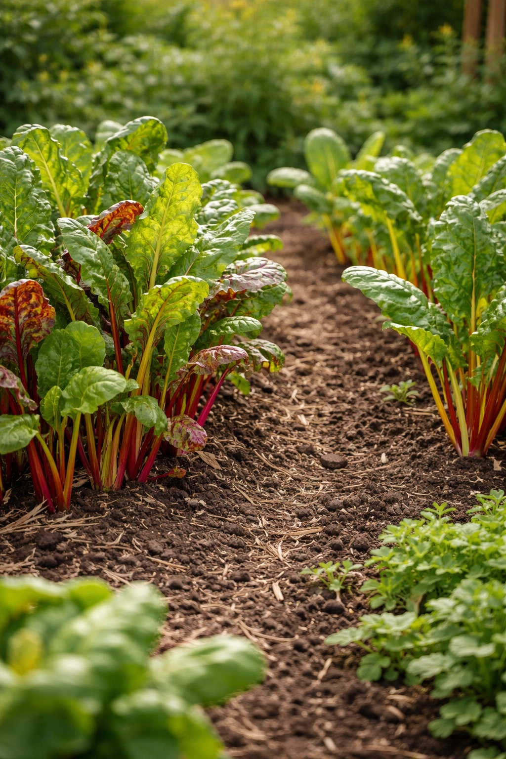 Overcrowded Swiss chard contrasted with thinned area for spacing remedies