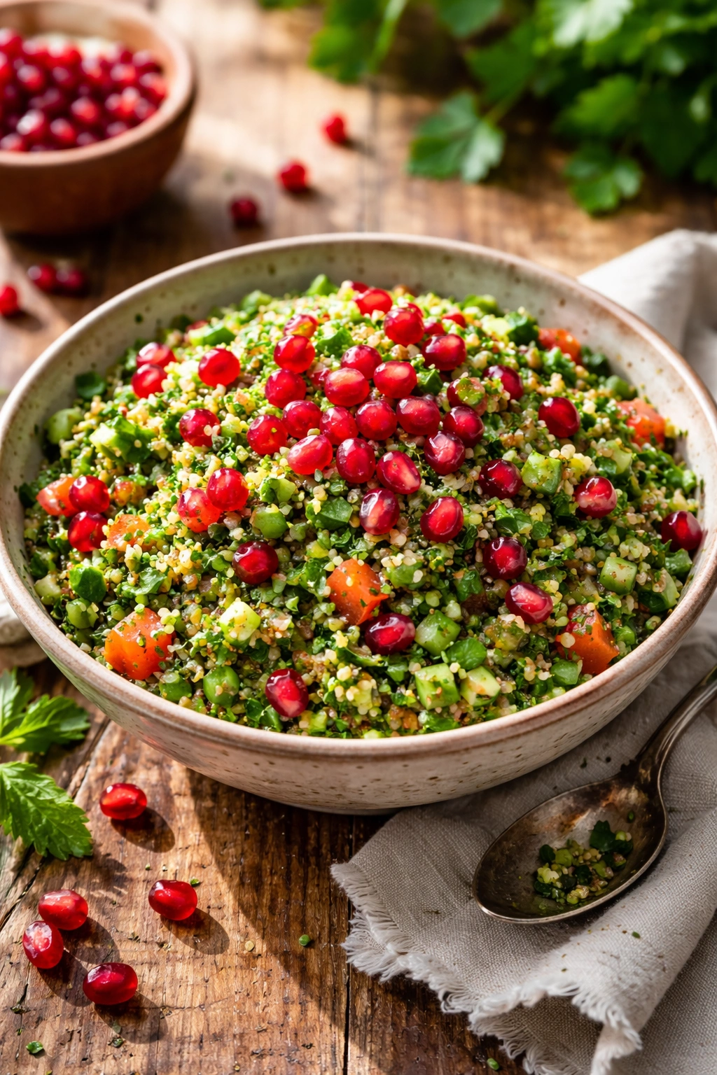 Tabbouleh with fresh herbs and pomegranate seeds in a bowl