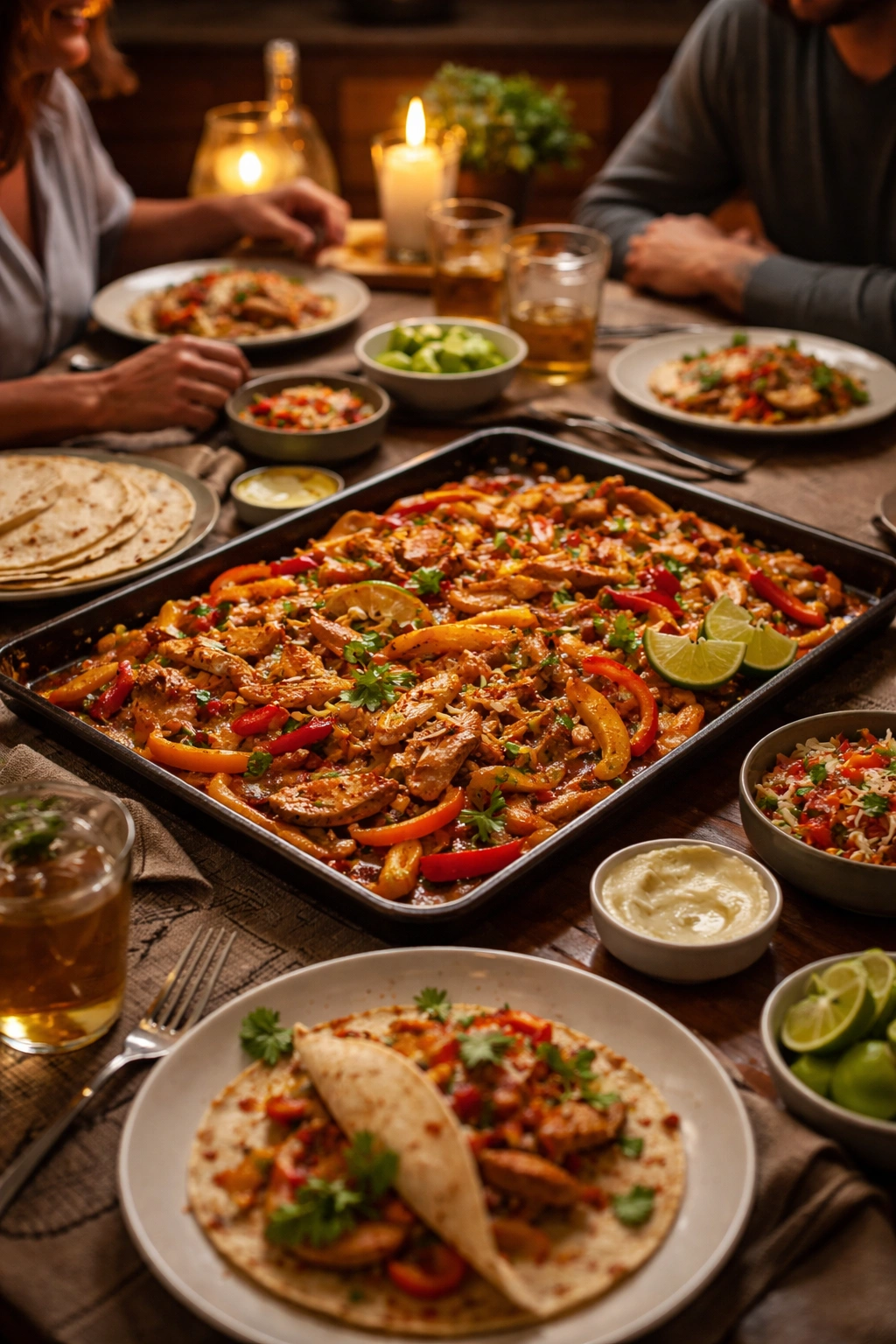 Cozy family dinner featuring sheet pan fajitas at the table