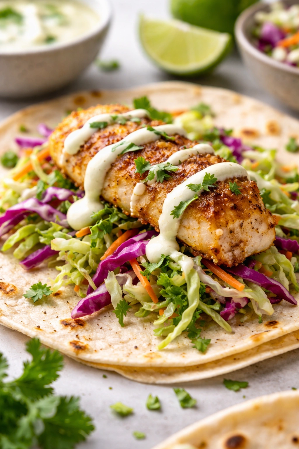 Taco being assembled with slaw, fish, and crema
