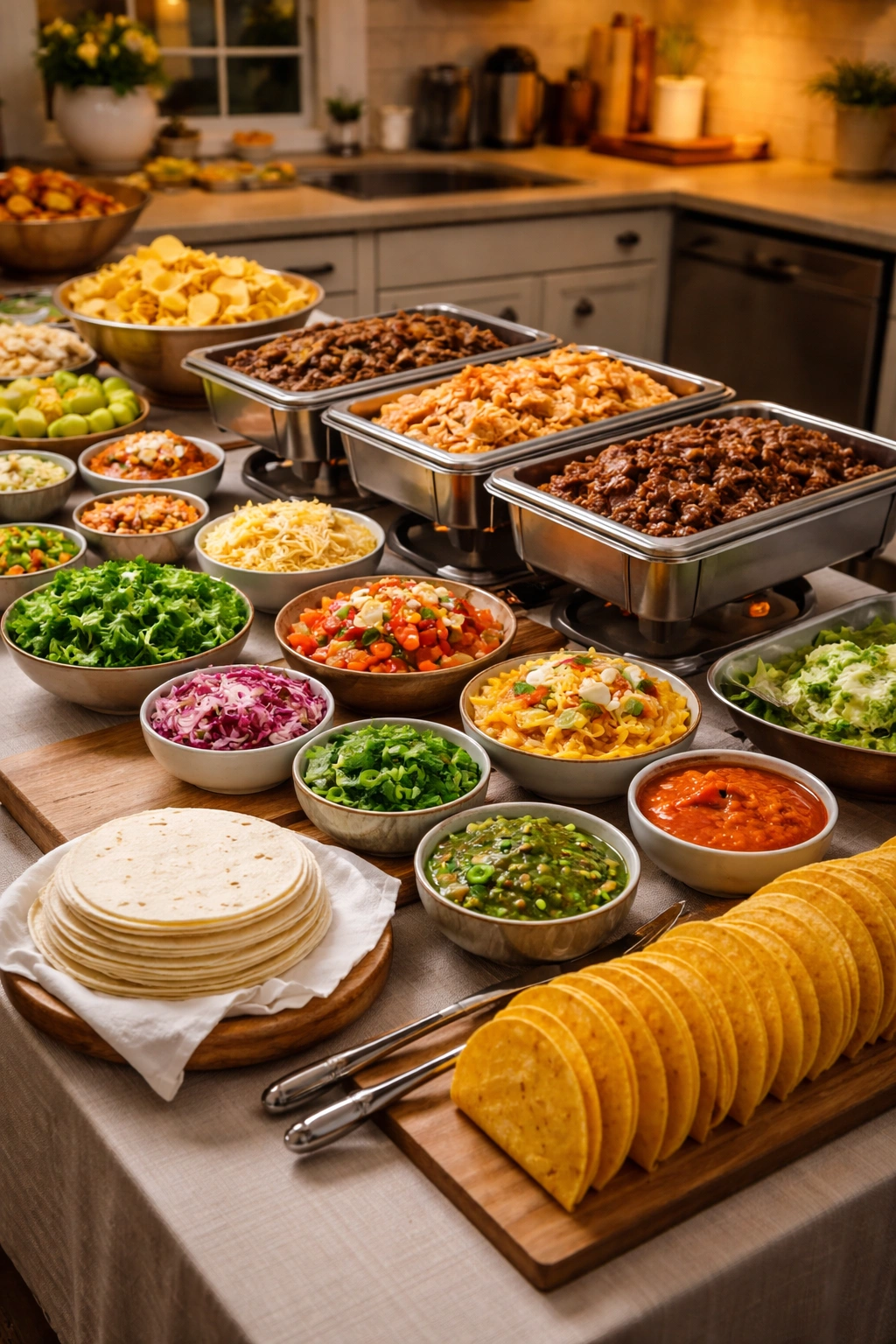 Taco bar setup with tortillas, meats, and toppings for a crowd