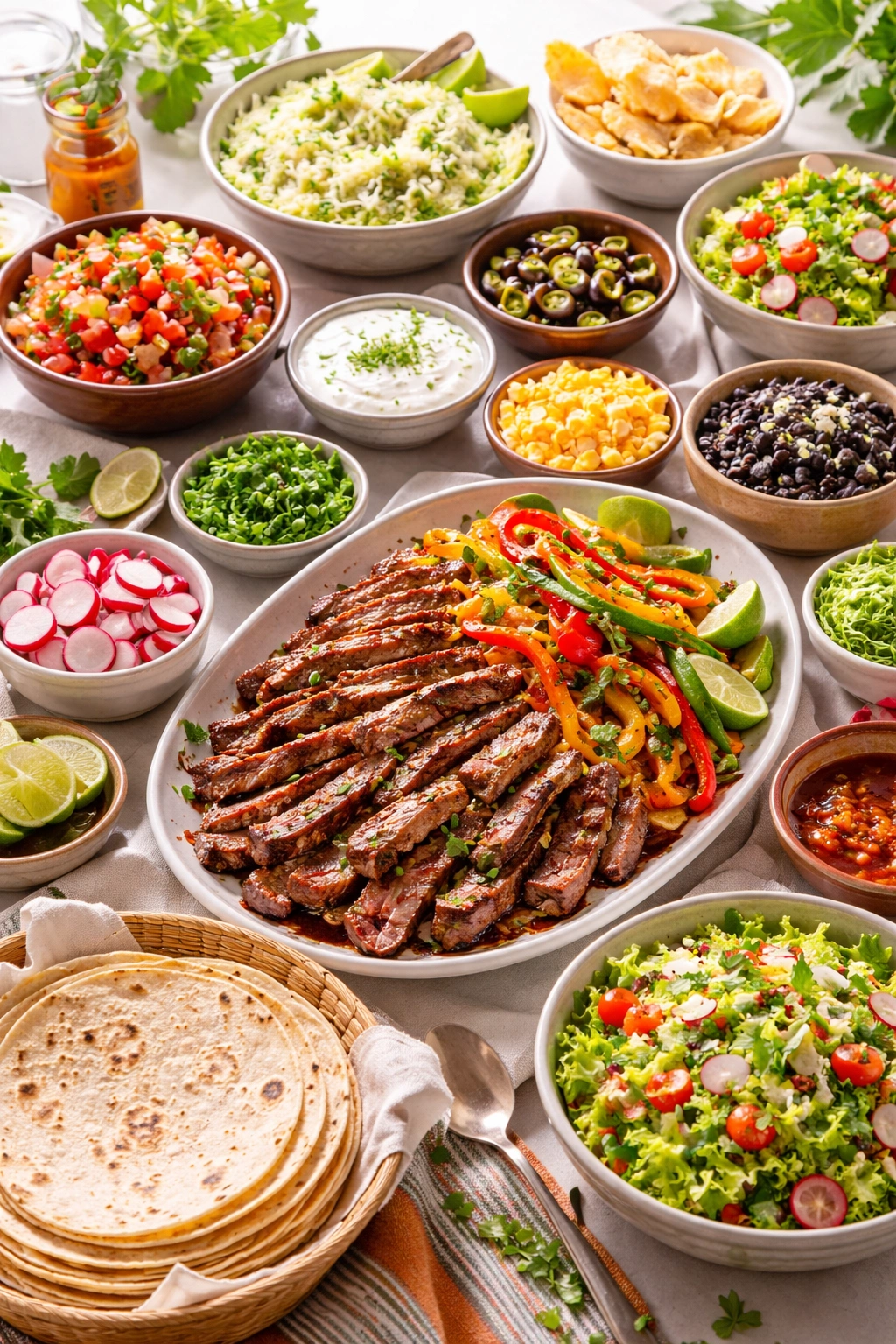 Taco bar setup with tortillas, steak and toppings