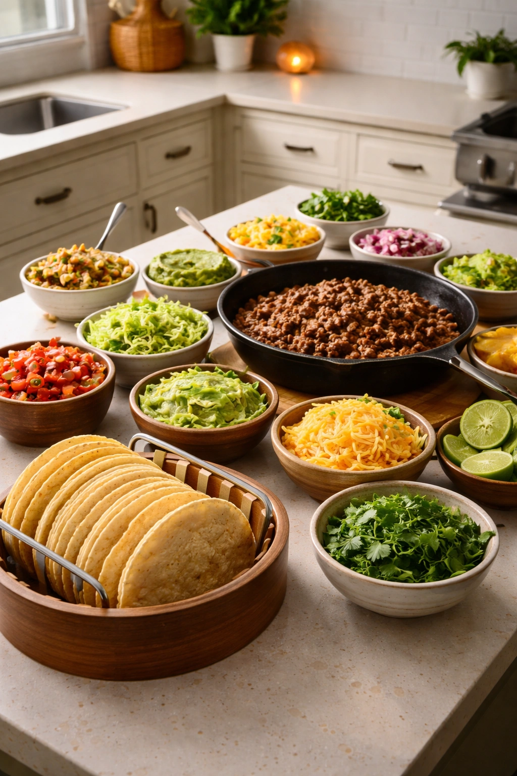 Taco bar spread with tortillas, meat, and toppings arranged in an arc