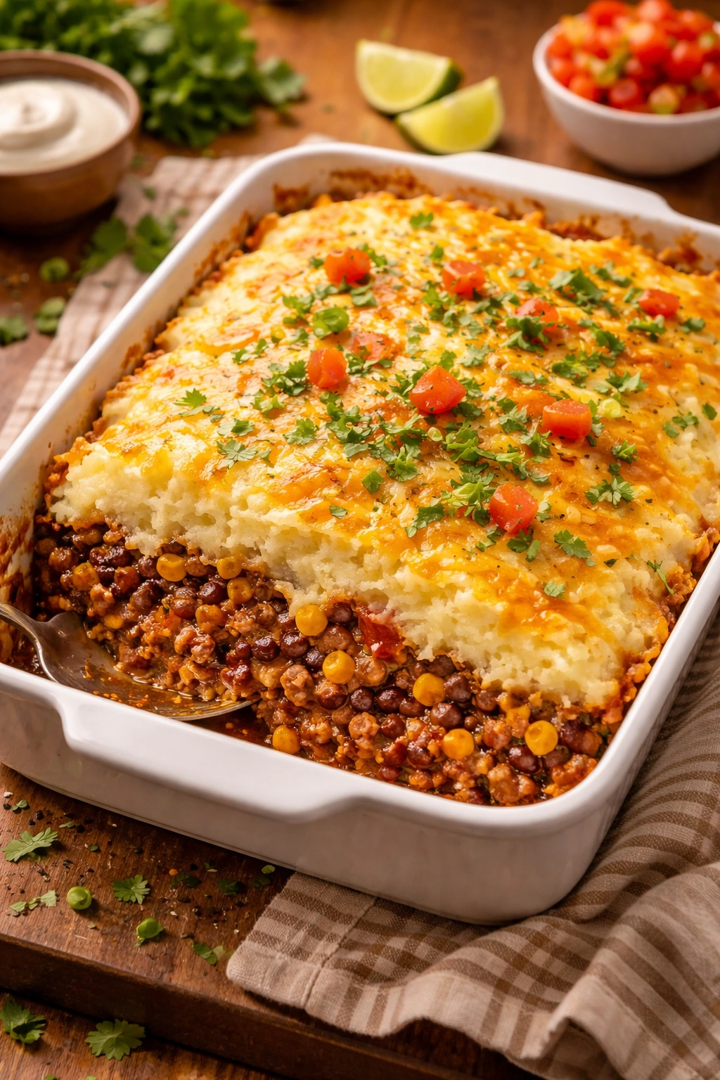 Baking dish of taco shepherd's pie with beef, beans, corn and salsa under mashed potatoes and cheese.