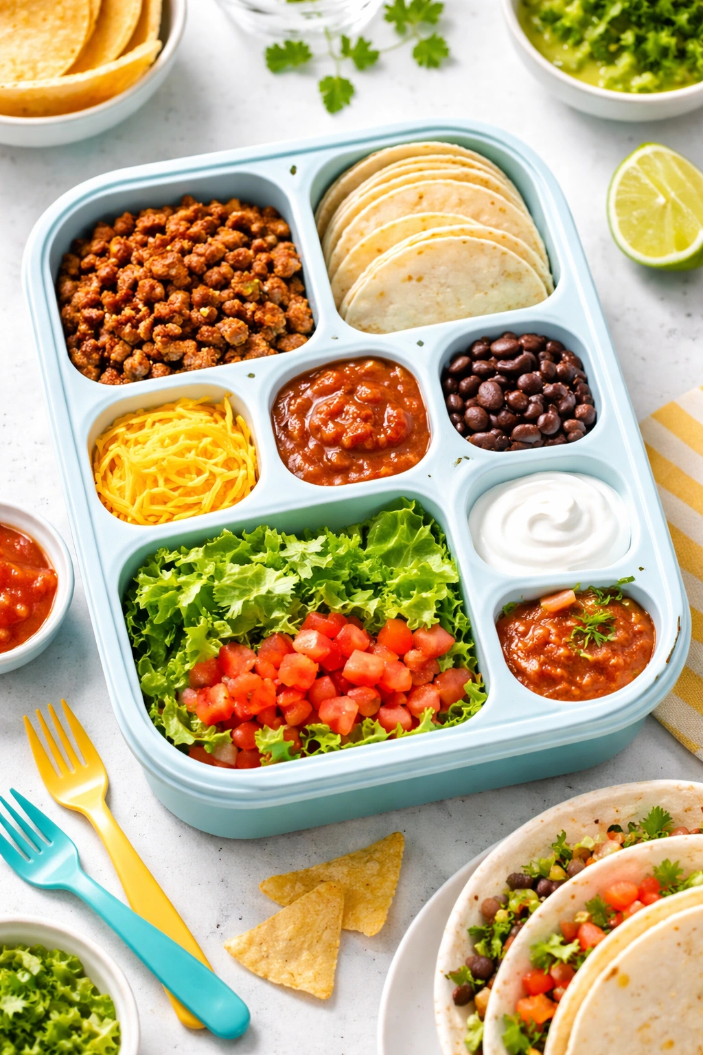 Top-down Build-Your-Own Taco Bento with tortillas, meat, cheese, and toppings