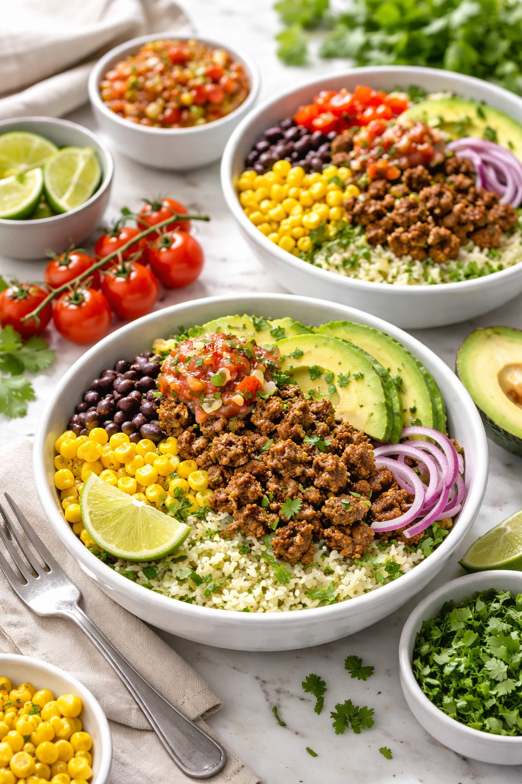 Taco bowls with cilantro-lime cauliflower rice and seasoned meat in a bright bowl