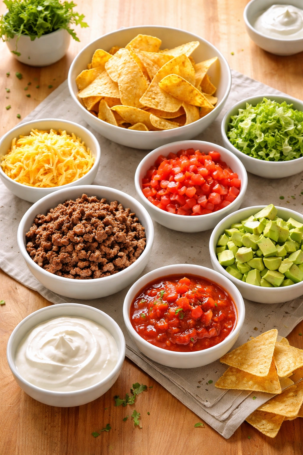 Deconstructed taco bowl ingredients in small bowls on wooden surface