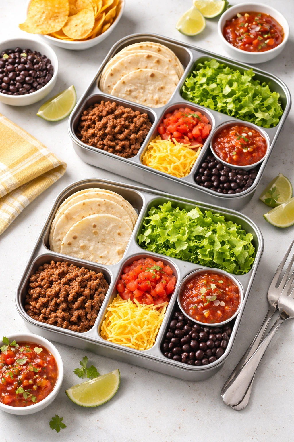 Compartment lunch box with taco ingredients separated