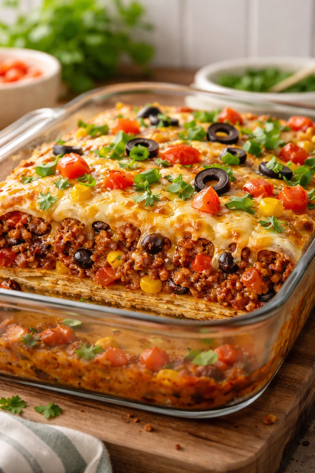 Cross-section view of layered taco casserole showing base, filling, and cheese