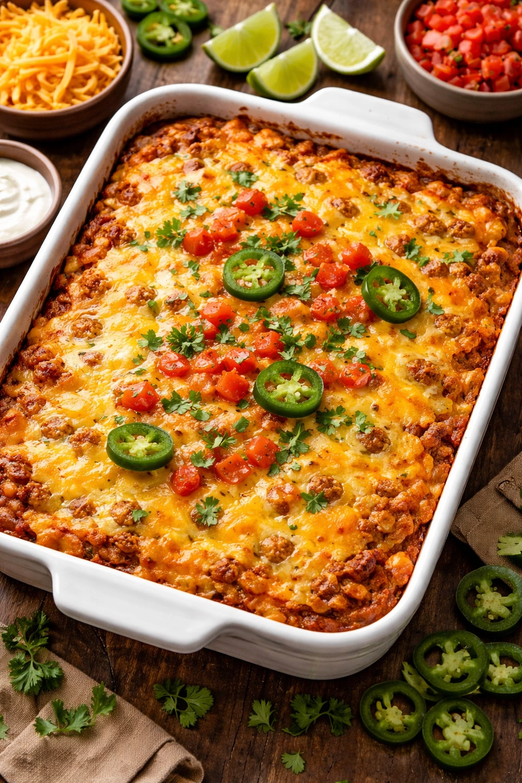 Top view of melted cheese layer on taco casserole