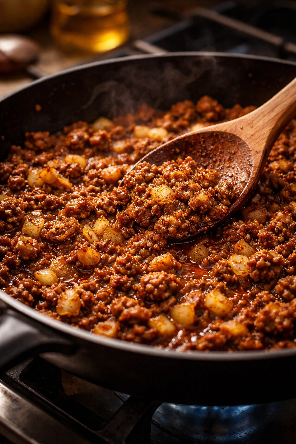 Sizzling beef and onions with spices in a skillet forming the taco filling