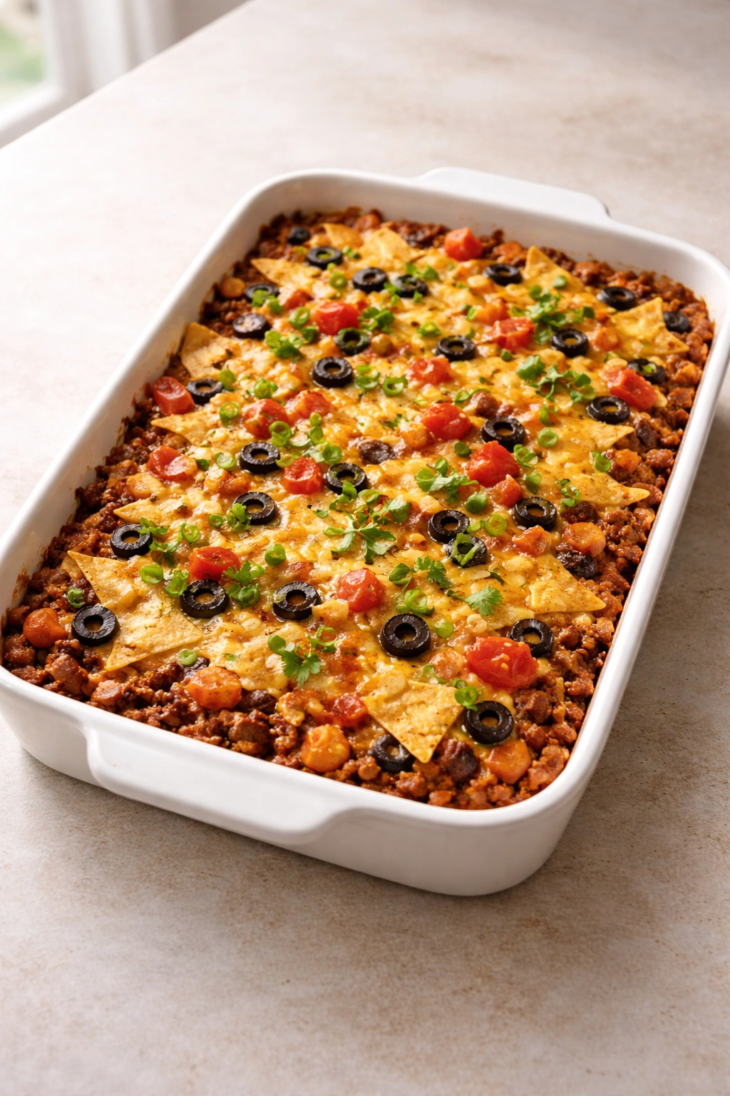 Baked taco casserole dish on a clean counter