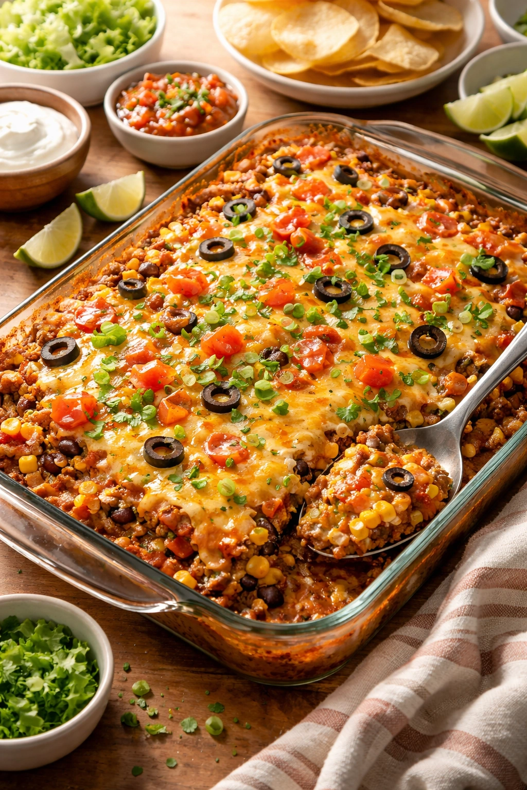 Pan of taco casserole on a kitchen counter with melted cheese