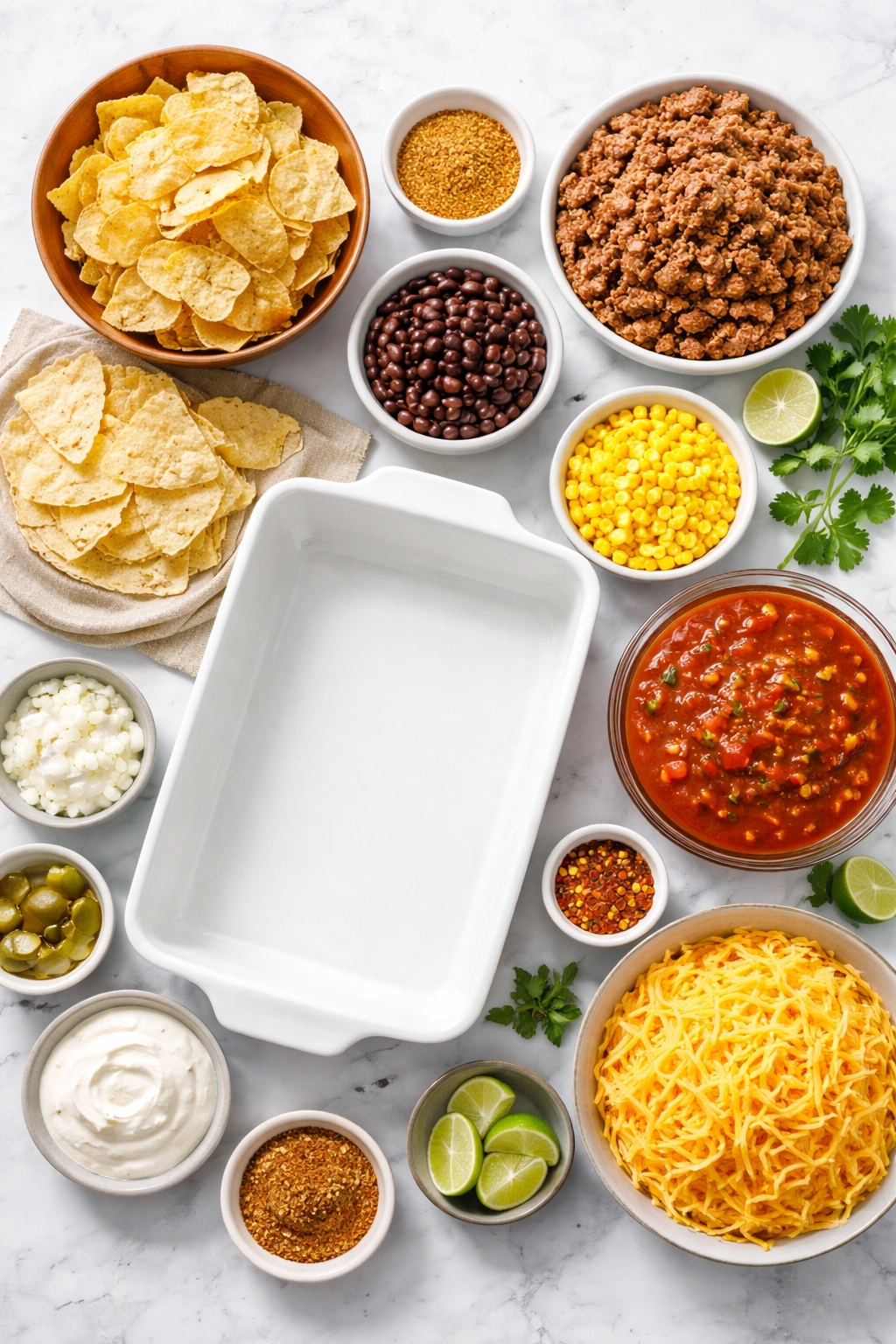 Flat lay ingredients for taco casserole arranged around a central dish
