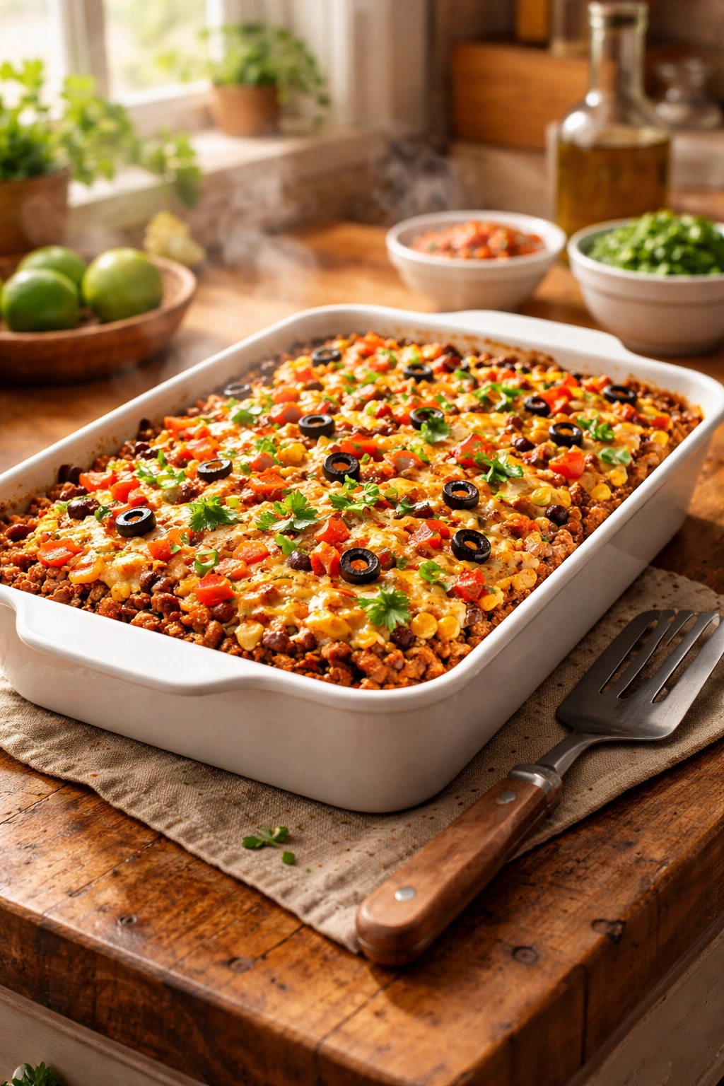 Baked taco casserole in a 9x13 pan, steam rising, ready to serve