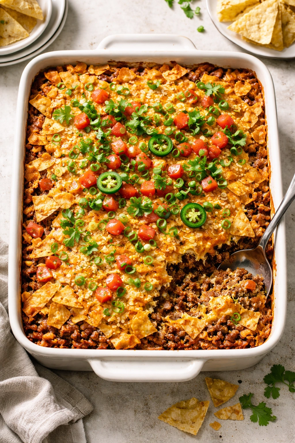Layered taco casserole with cheese and tortilla chip topping in a baking dish