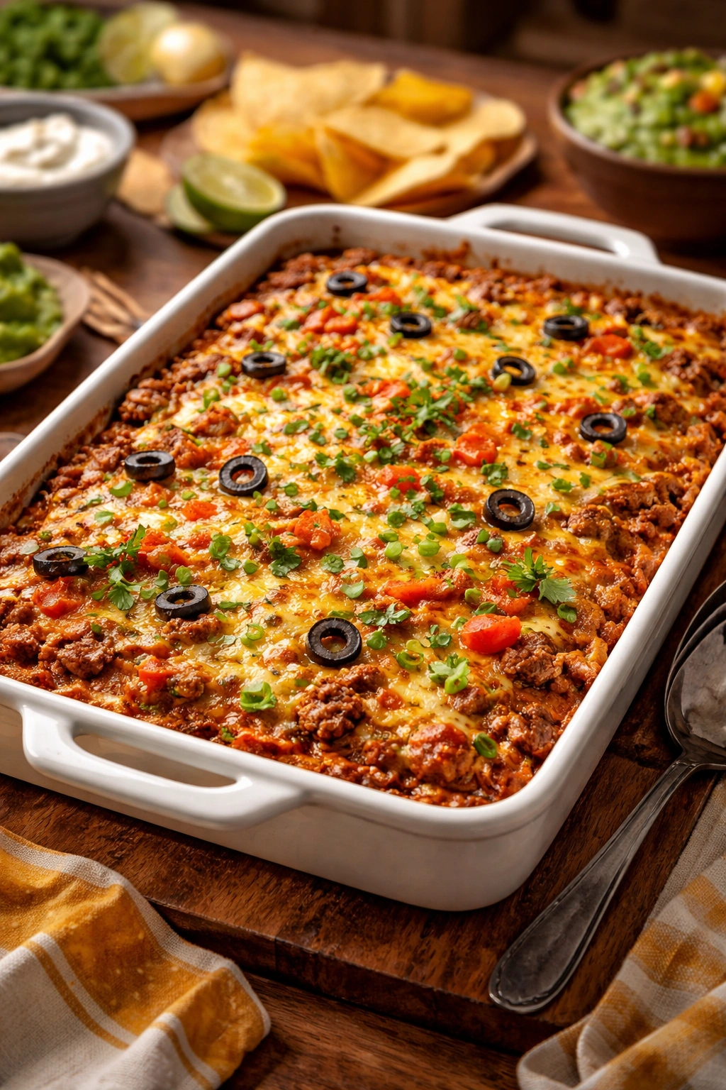 Close-up of a golden baked taco casserole in a ceramic dish with melted cheese, ready for weeknight dinner