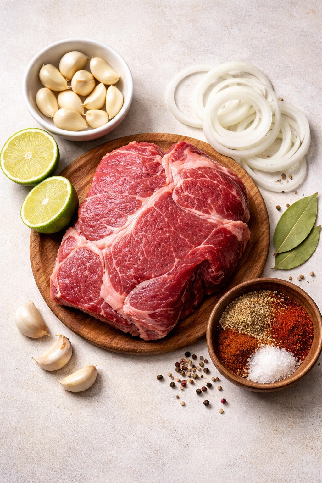 Key ingredients for flavorful shredded beef tacos laid out