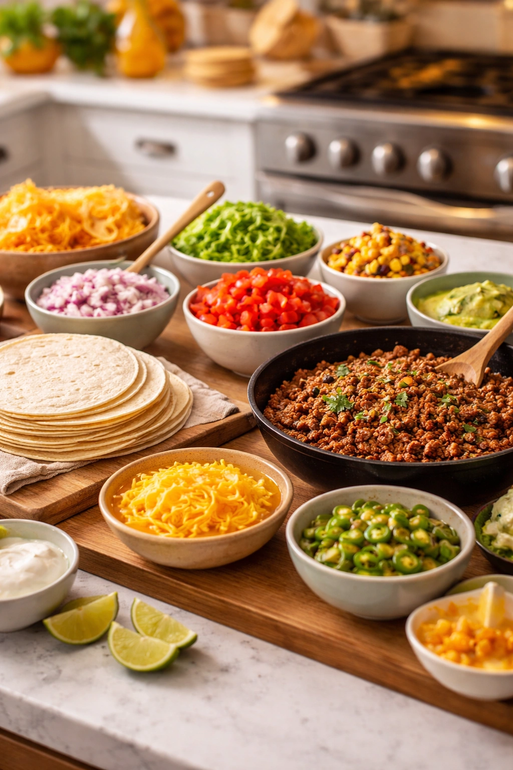 Taco Night bar with tortillas, seasoned beef, and toppings on a kitchen island