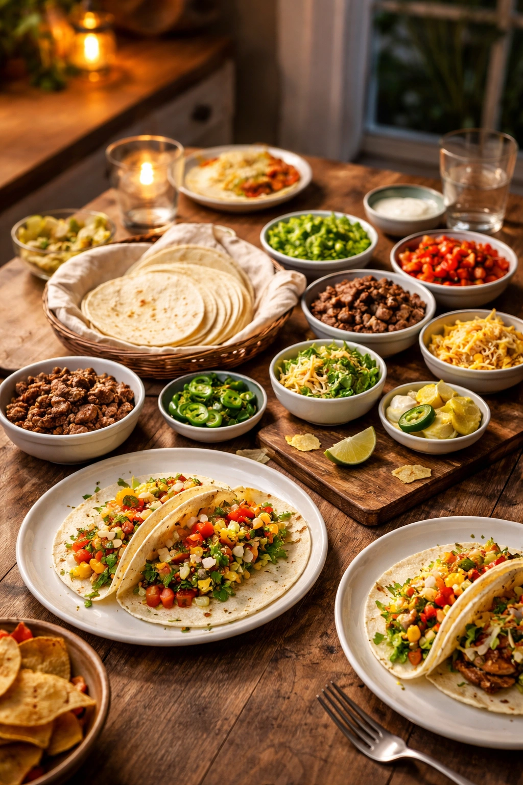 Warm dining table with tortillas and toppings for taco night, couple sharing plates