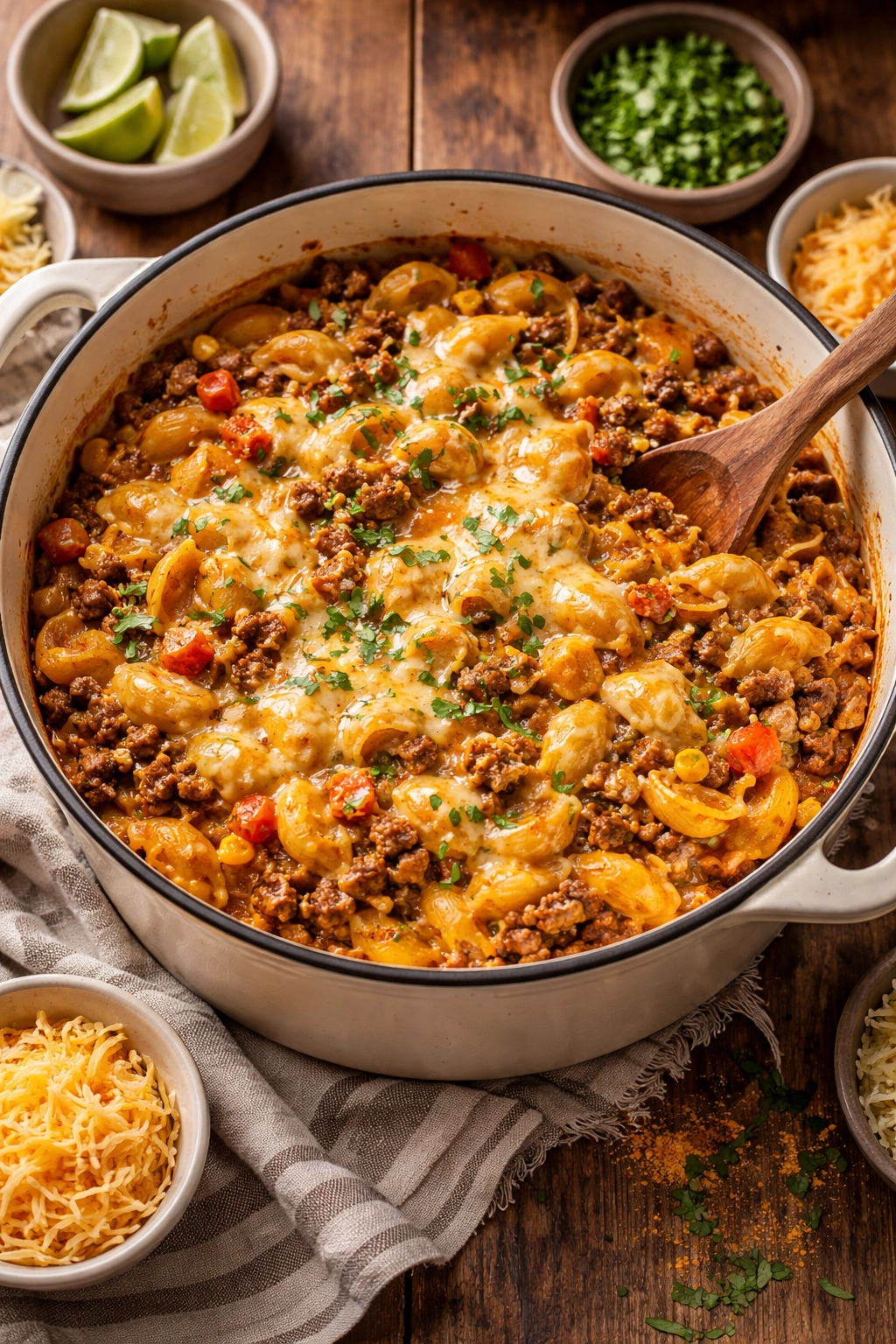 One-Pot Cheesy Beef Taco Pasta in a pot with melted cheese