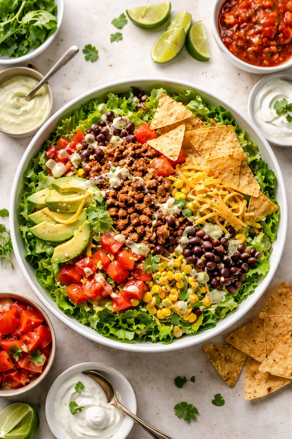 Taco salad bowl with greens, beef, avocado, cheese and chips