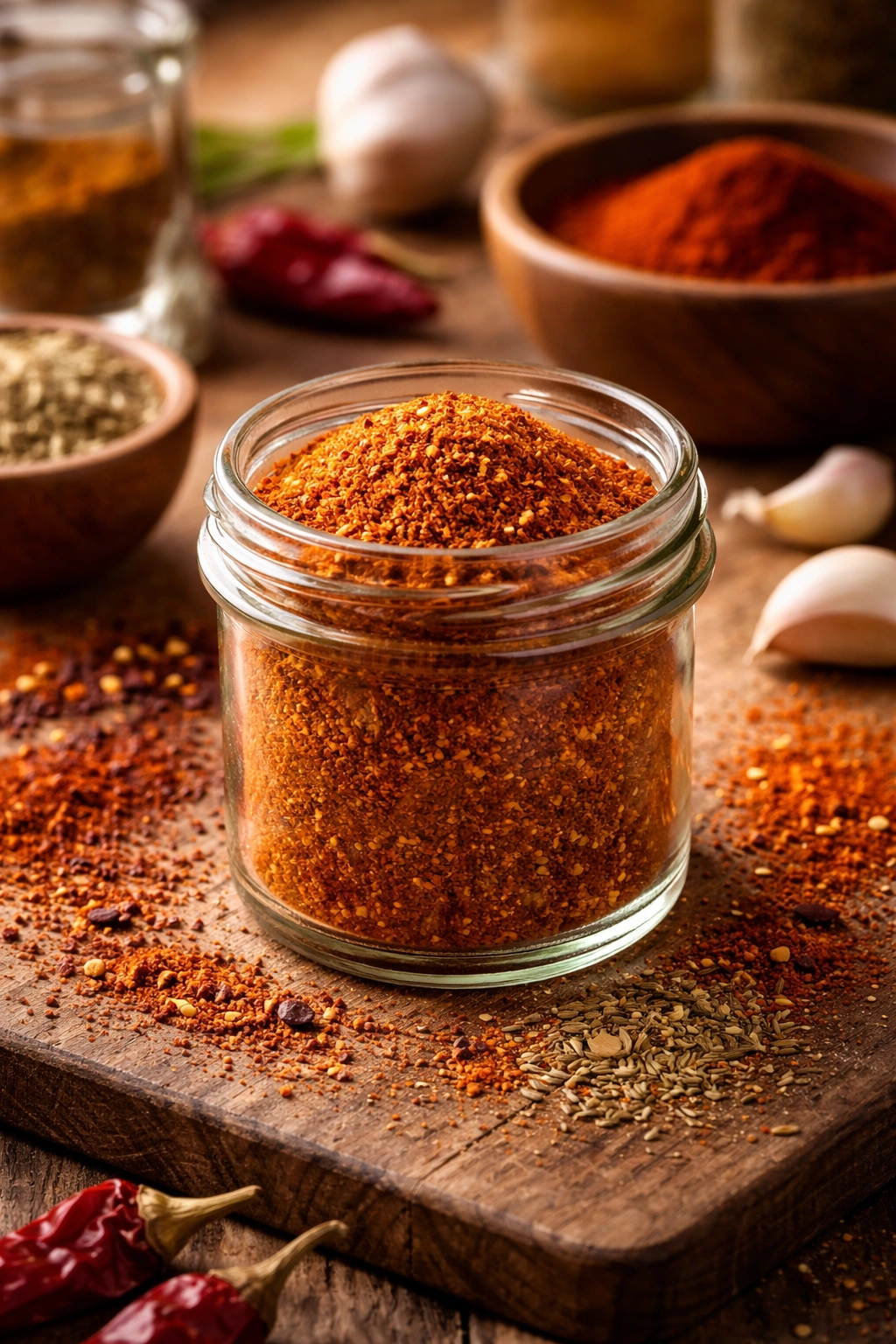 Close-up of a glass jar with homemade taco seasoning and loose spices on a wooden surface