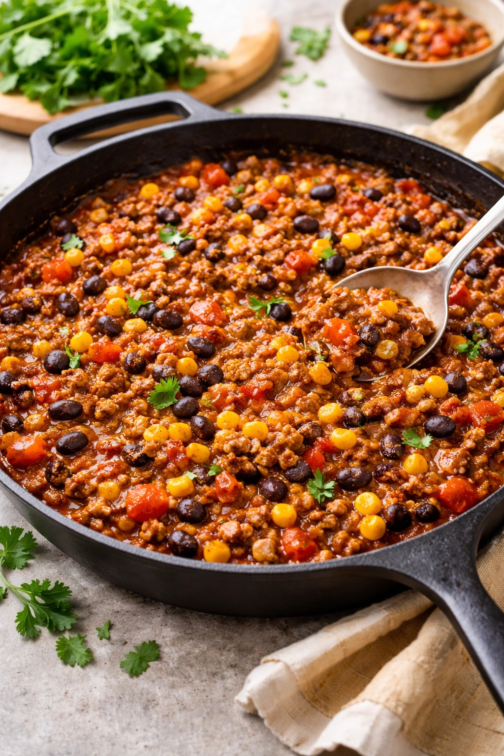 Skillet with taco-seasoned beef, beans, corn and salsa sizzling