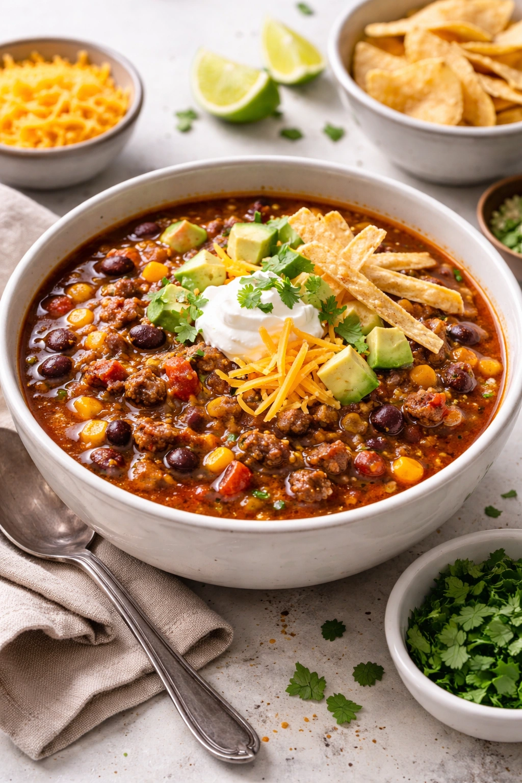 Bowl of taco soup with hearty tomato broth and beans