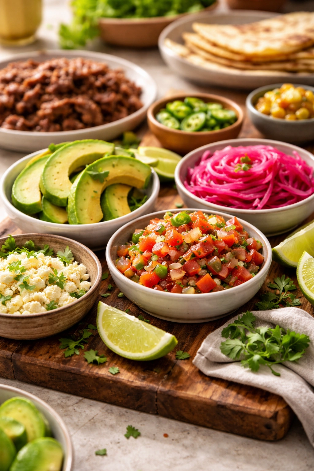 Close-up of colorful taco toppings arranged on a wooden board