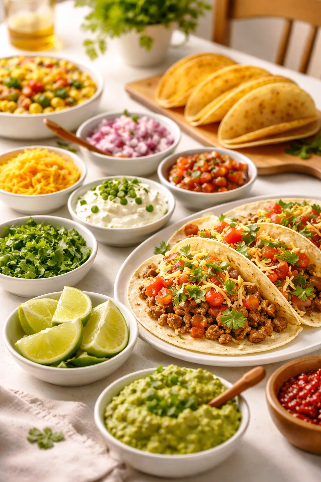 Lime wedges, cilantro, and small bowls of toppings on a tidy table