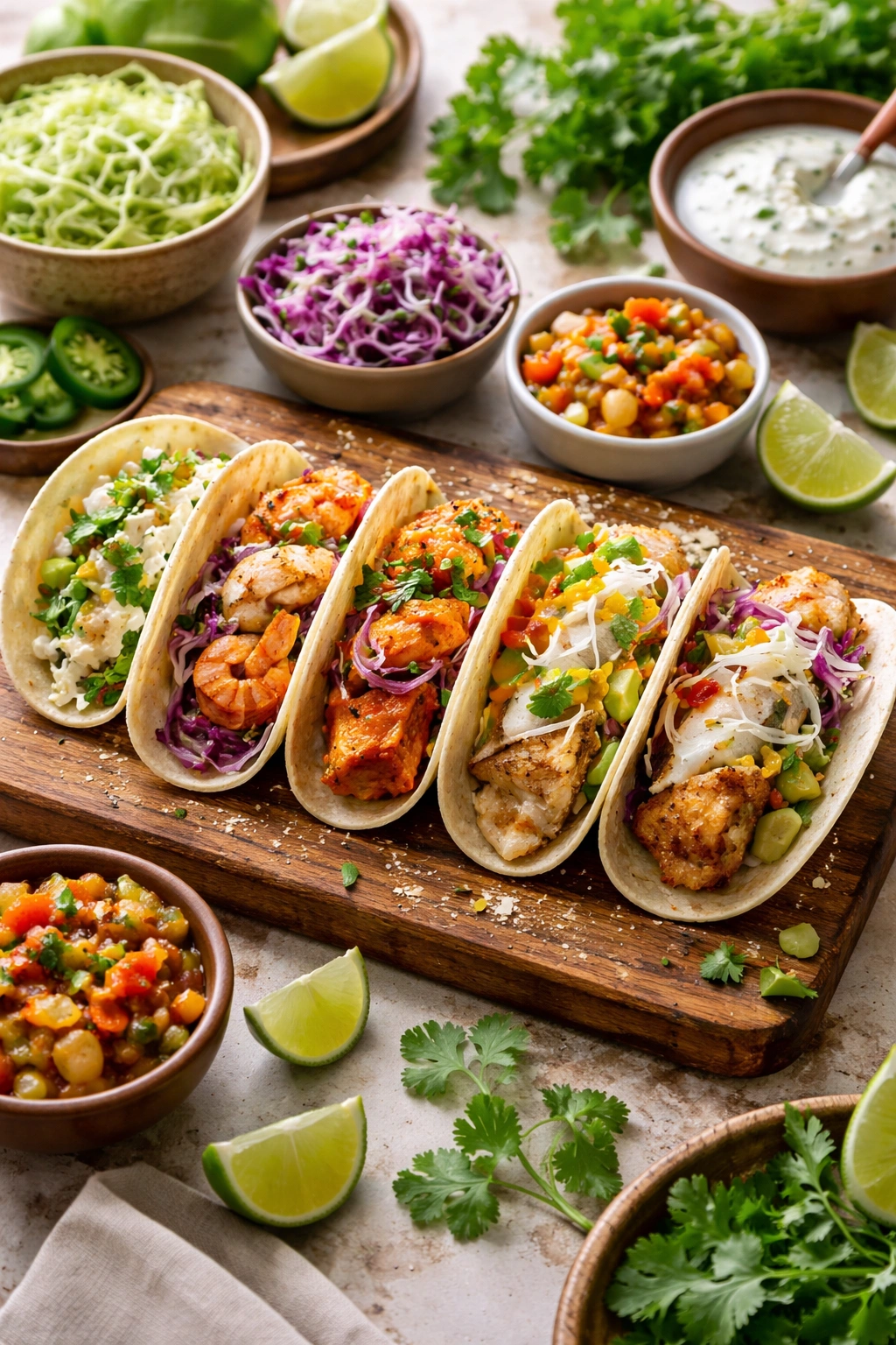 Lineup of mini fish tacos with varied slaws and fillings on a rustic board