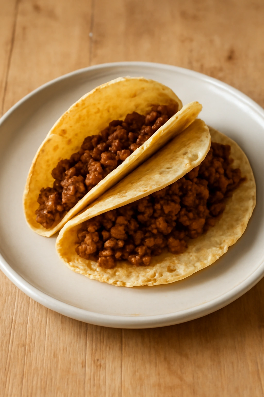 Two tacos with homemade tortillas and beef filling on plate.