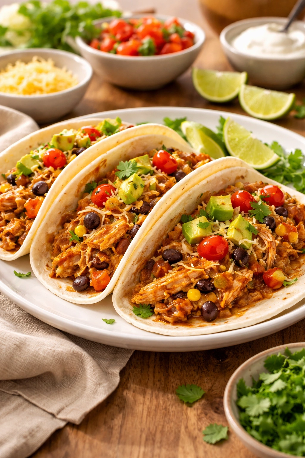 Shredded chicken and beans in tortillas with veggie sauce