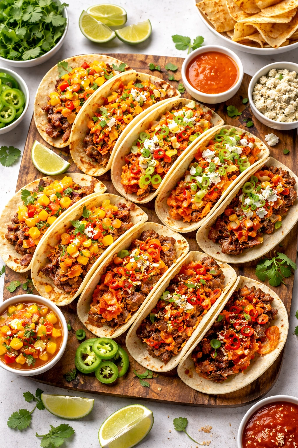 Taco platter with pork and mango salsa, buffalo chicken, and Korean beef toppings on a wooden board