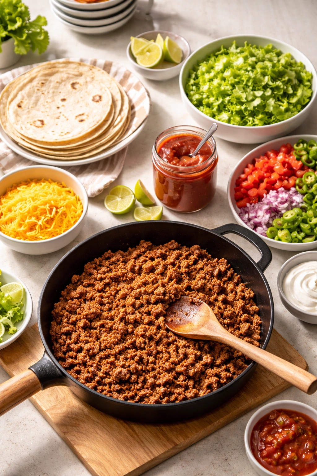 Skillet browning ground beef with tortillas and toppings arranged for quick taco night