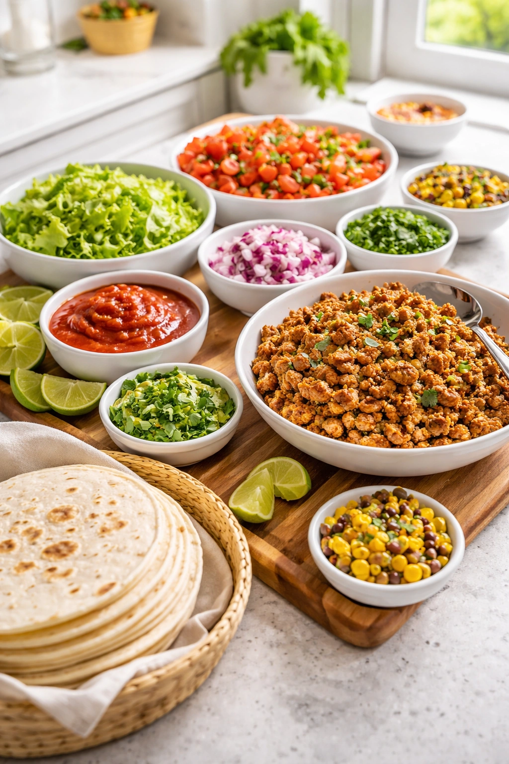 Taco bar with tortillas and toppings ready to assemble