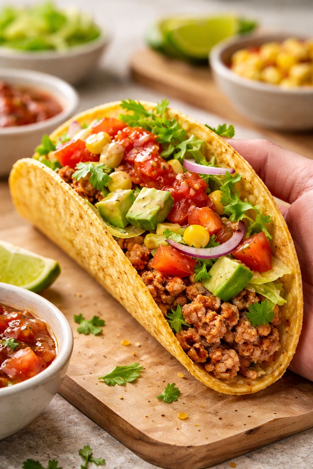 Seasoned taco with visible toppings on a plate