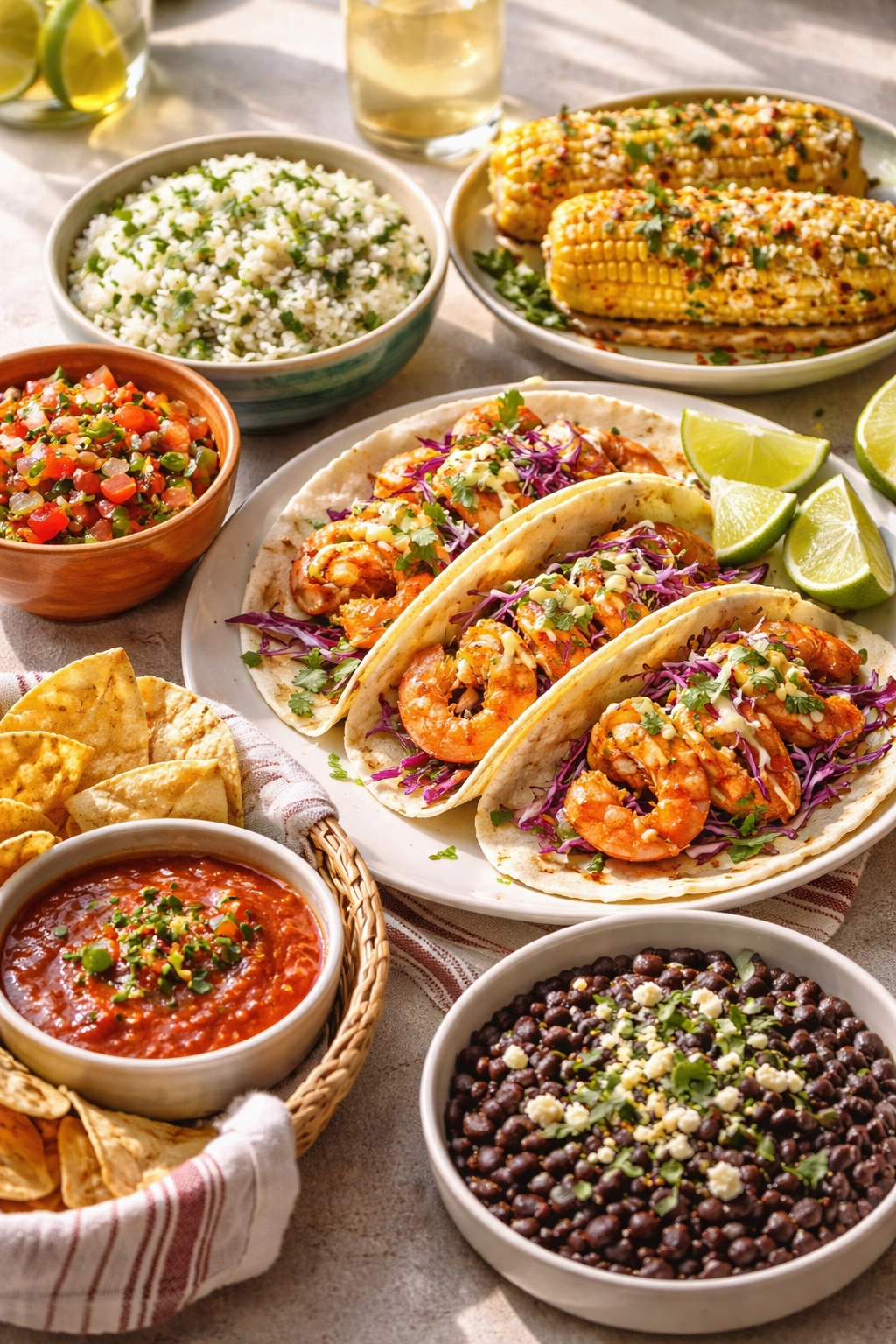 Shrimp tacos with cilantro lime rice, beans, pico de gallo, chips and salsa, and elote on a bright table