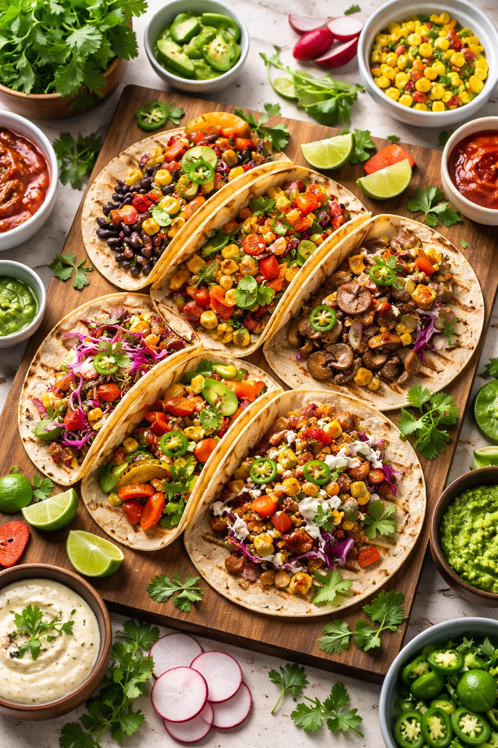 Assorted vegetarian and vegan tacos with beans, roasted vegetables, and tofu