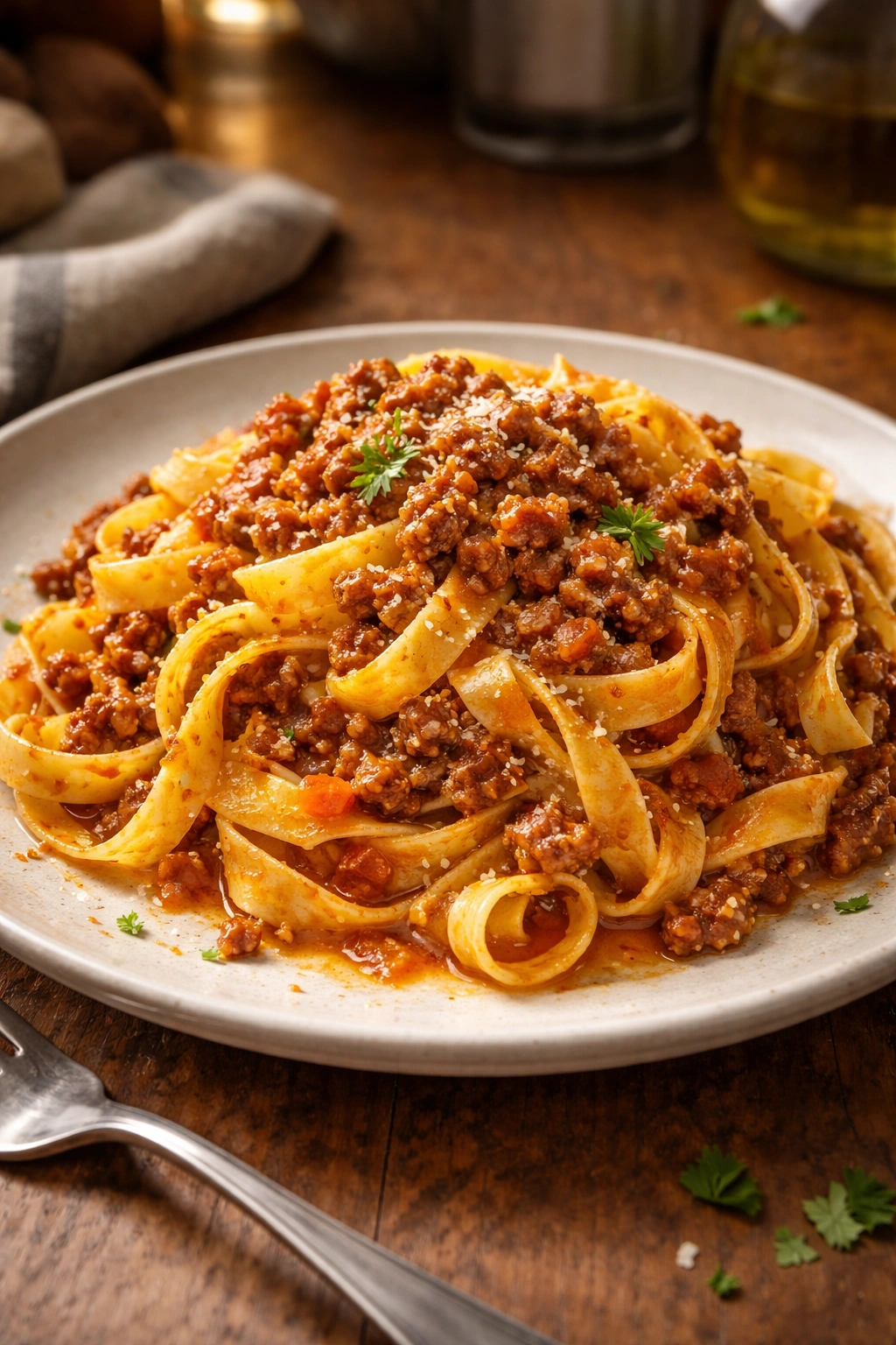 Plate of Tagliatelle alla Bolognese with ragù clinging to ribbons
