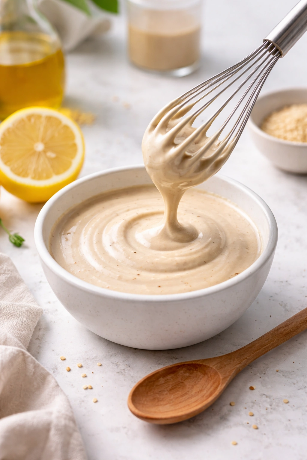 Creamy tahini dressing in a small bowl with a glossy surface