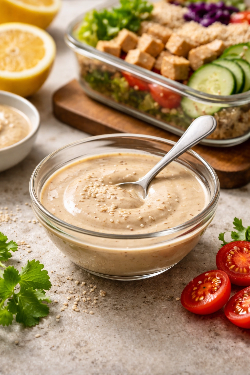 Creamy sesame-tahini dressing in glass bowl with spoon