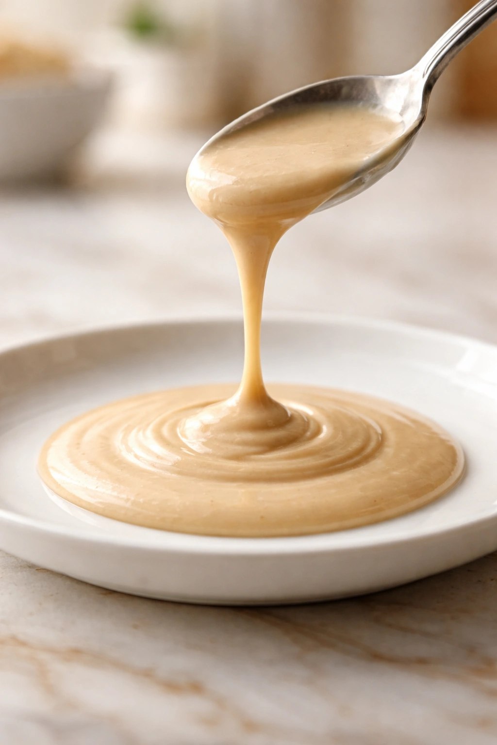 Close-up of pale tahini drizzle pouring from a spoon onto a white plate