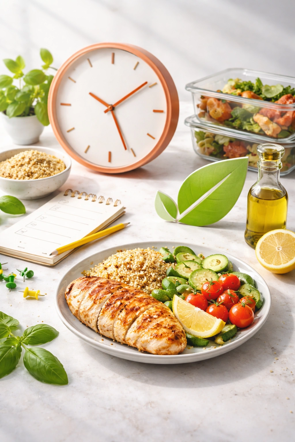Abstract icons symbolizing planning, time-saving, and healthy eating