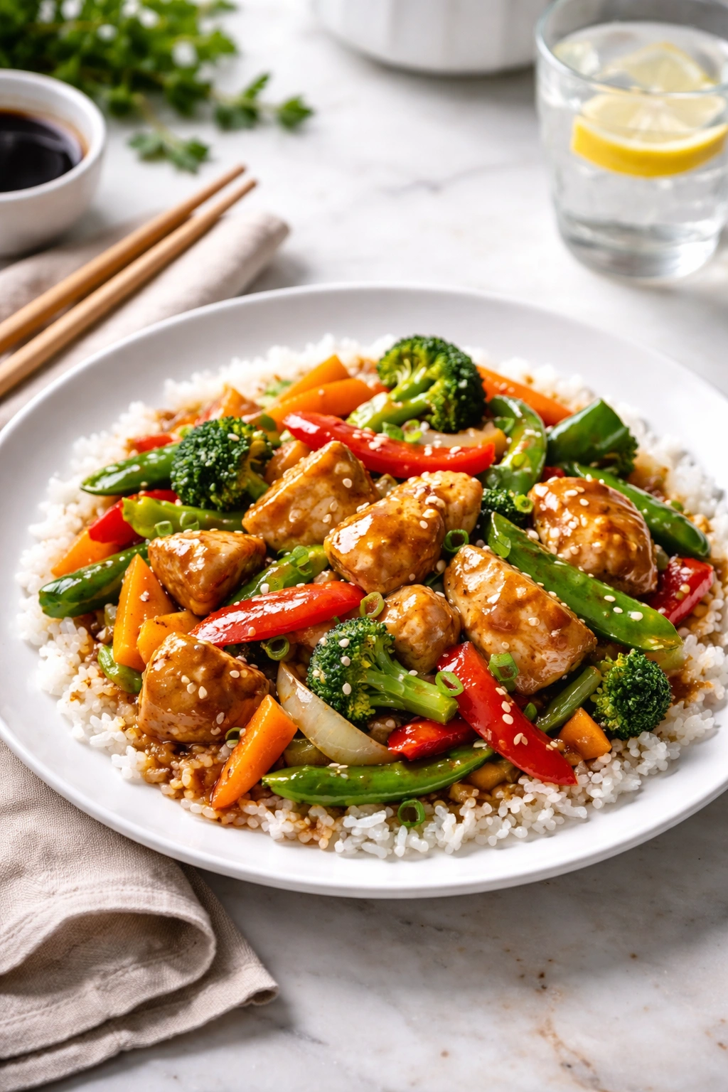 Glossy takeout-style home cooking stir-fry on plate in warm kitchen