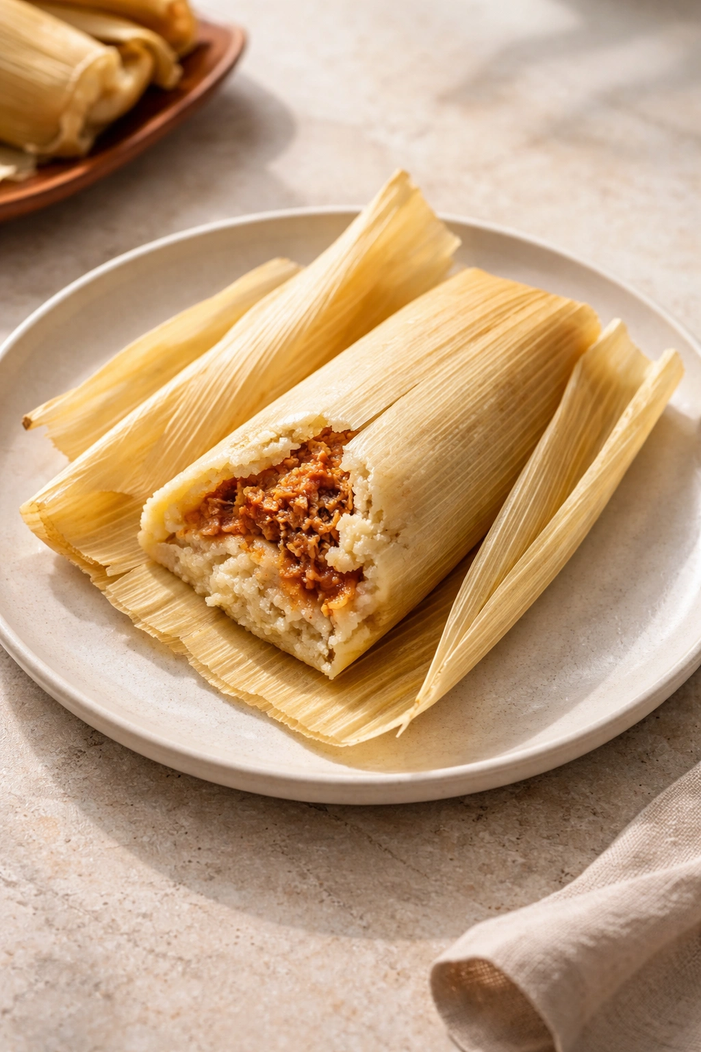 Tamale partially unwrapped from corn husk on plate