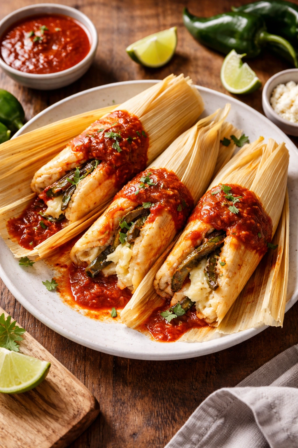 Tamales rojos with cheese and rajas on plate