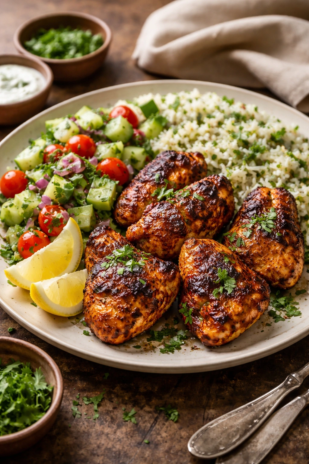 Tandoori chicken with cucumber salad and herb rice on plate