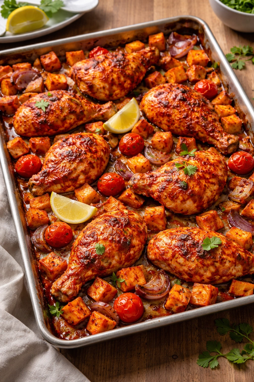 Tandoori chicken with roasted sweet potatoes and tomatoes
